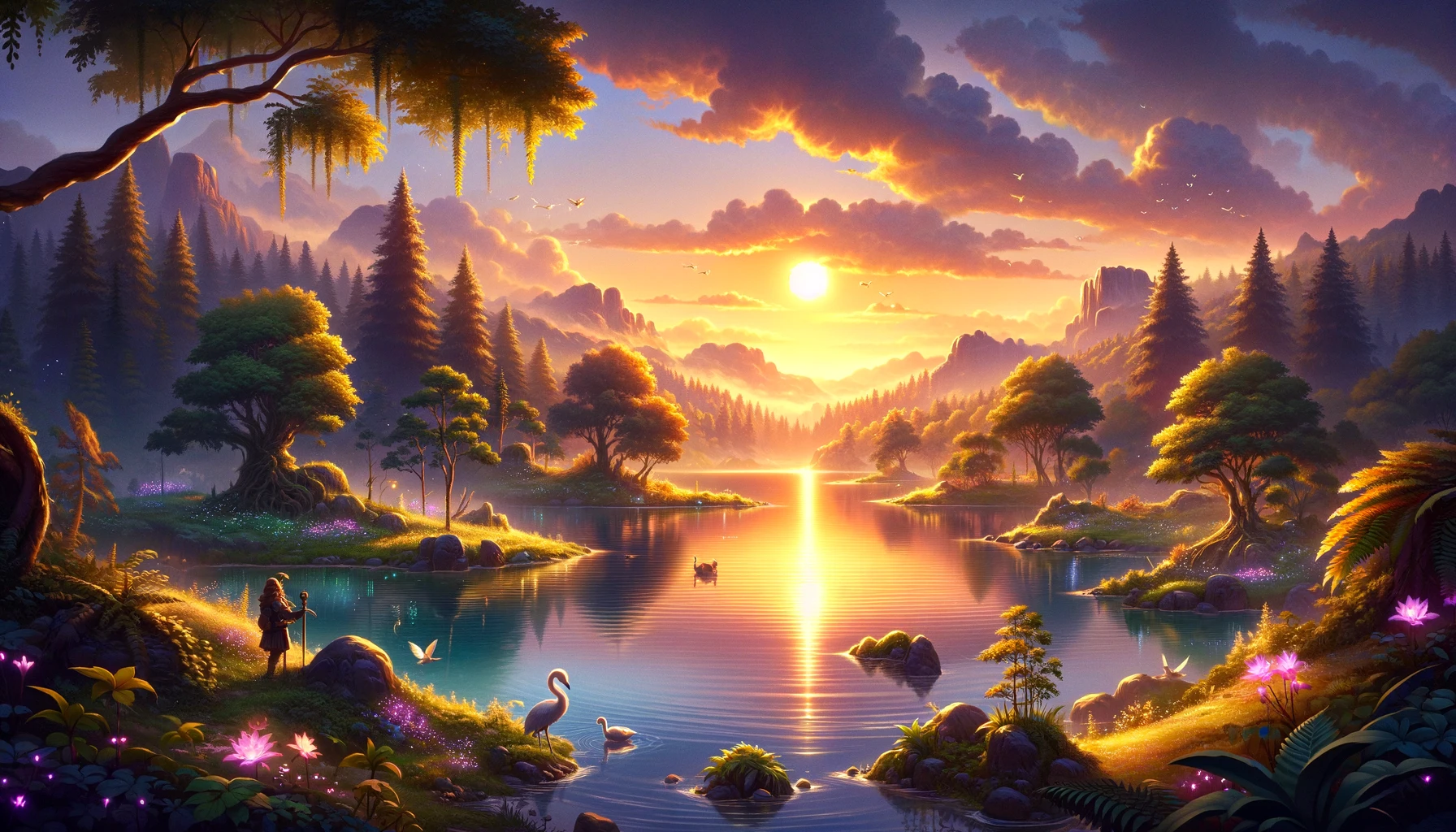 DALL·E 2024-02-12 00.46.33 - Create a banner image for 'Chronicles of Aetheria' featuring a serene scene at sunset. The image should capture a tranquil lake surrounded by the game