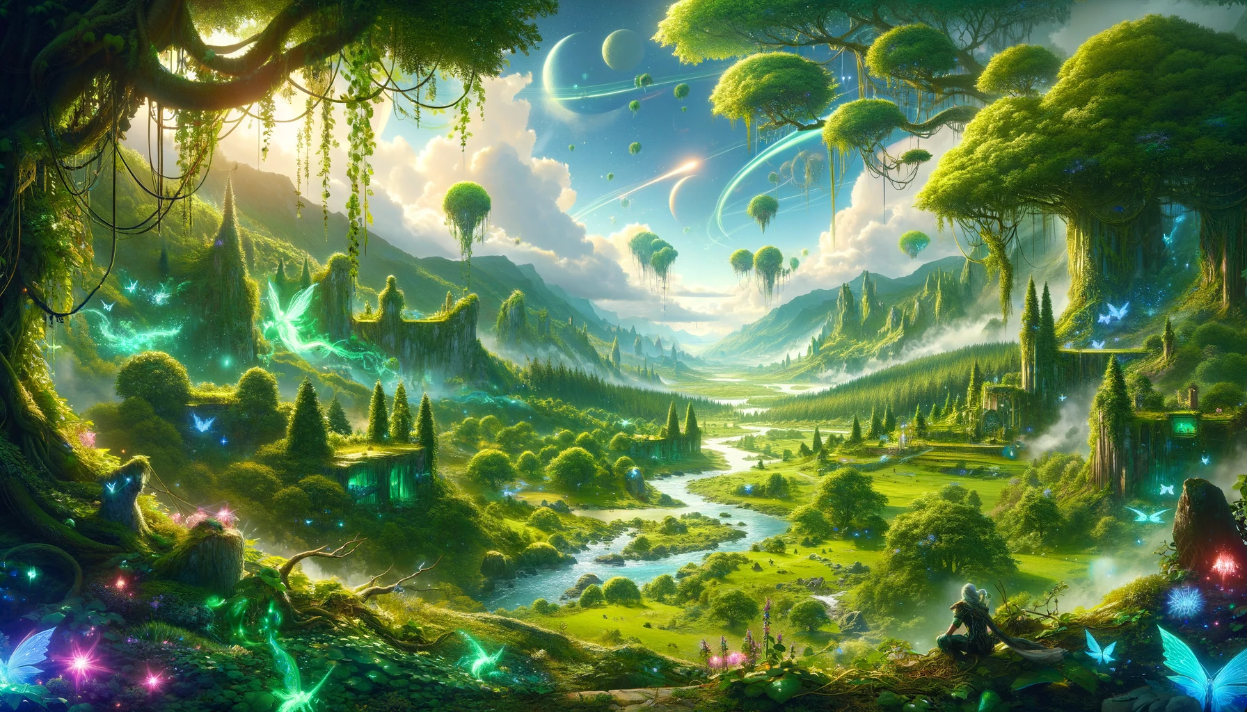 DALL·E 2024-02-12 00.49.21 - Create an image that showcases the magical world of Aetheria, emphasizing green and bright colors to reflect its vibrancy and enchantment. The scene s