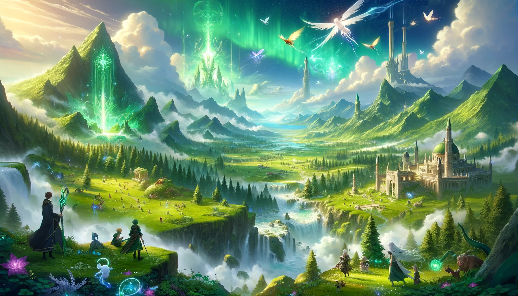 DALL·E 2024-02-12 00.51.32 - Create an image that further showcases the magical world of Aetheria, focusing on green and bright colors to highlight its enchantment. This time, inc