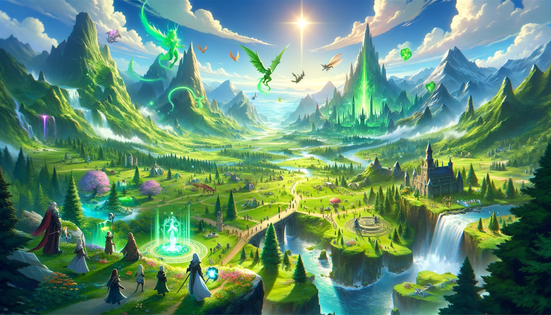 DALL·E 2024-02-12 00.51.43 - Create an image that further showcases the magical world of Aetheria, focusing on green and bright colors to highlight its enchantment. This time, inc