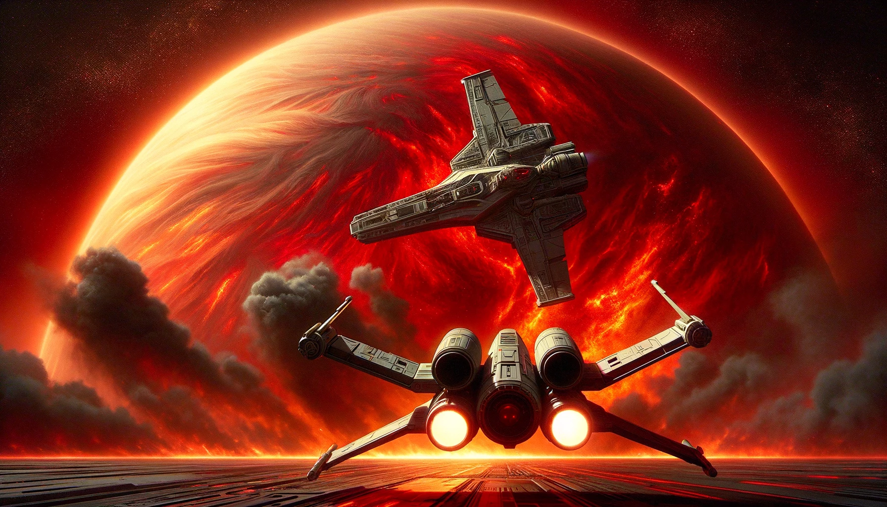 DALL·E 2024-02-12 05.05.59 - An intense scene from 'Galaxy Force,' depicting a dogfight between a small, agile human fighter and a larger, menacing alien warship. This battle take