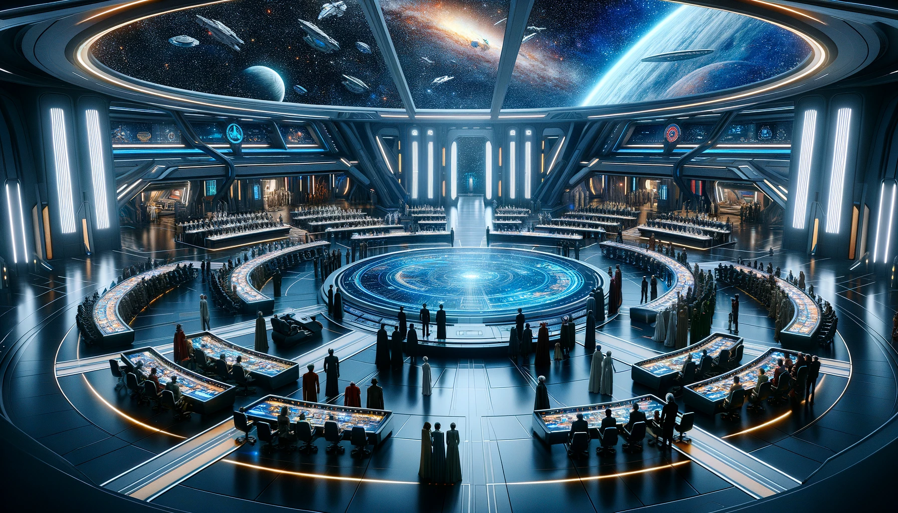 DALL·E 2024-02-12 05.06.57 - A scene from 'Galaxy Force' featuring a diplomatic gathering in a grand, high-tech hall. This hall is filled with various alien species and human amba