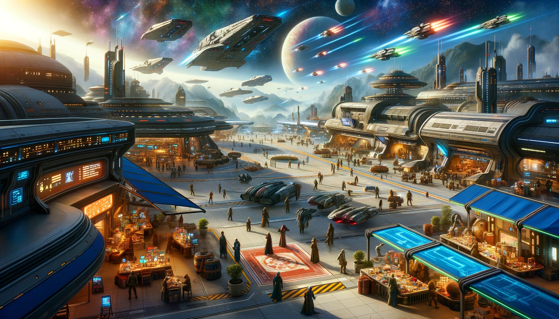 DALL·E 2024-02-12 05.09.25 - A bustling spaceport scene from 'Galaxy Force' set on a trade planet, where the vibrant hustle and bustle of intergalactic commerce is in full swing.